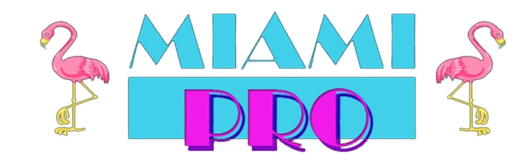 Pink flamingos standing on one leg on a colorful "MIAMI PRO" logo, vibrant and playful design, ideal for fitness and wellness branding.