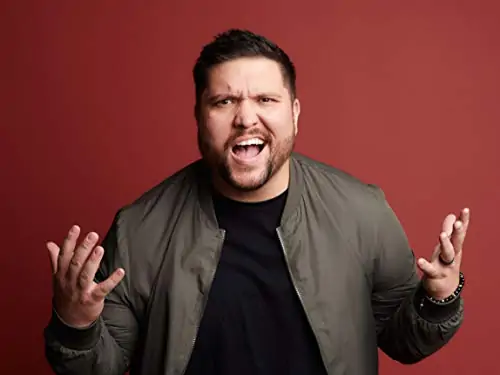 Frustrated man expressing emotion against red background for The Promise logo.