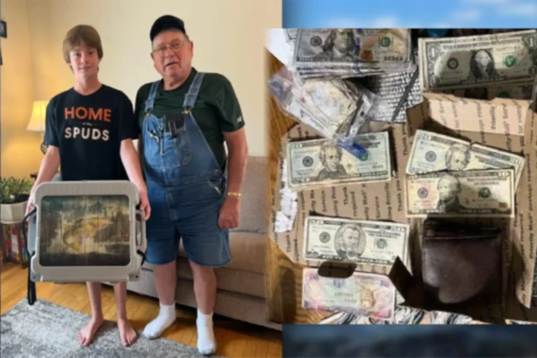 A young boy holding a wallet ad giving it to an old man