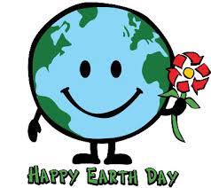 A cartoon version of the earth with a smile holding flowers. At the bottom it reads "Happy Earth Day"