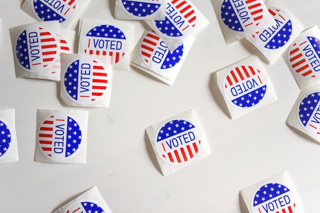 Several "I Voted" Stickers on a table.