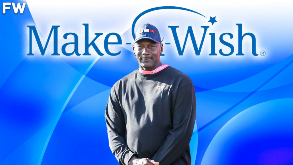 Michael Jordan standing with his arms crossed with a backdrop that says "Make-A-Wish"