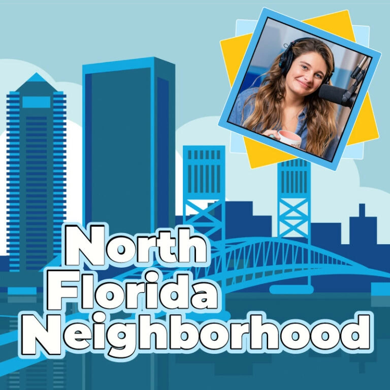 North Florida neighborhood city skyline with a woman recording podcast, representing local community, culture, and media.