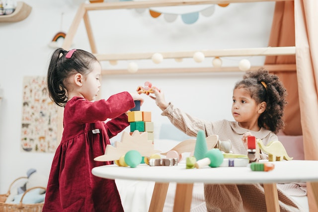 Two little girls playing with Legos and blocks together