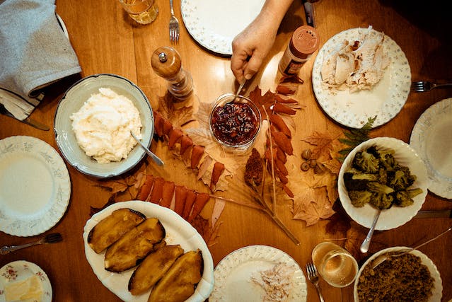 Thanksgiving Dinner laid out on a table.