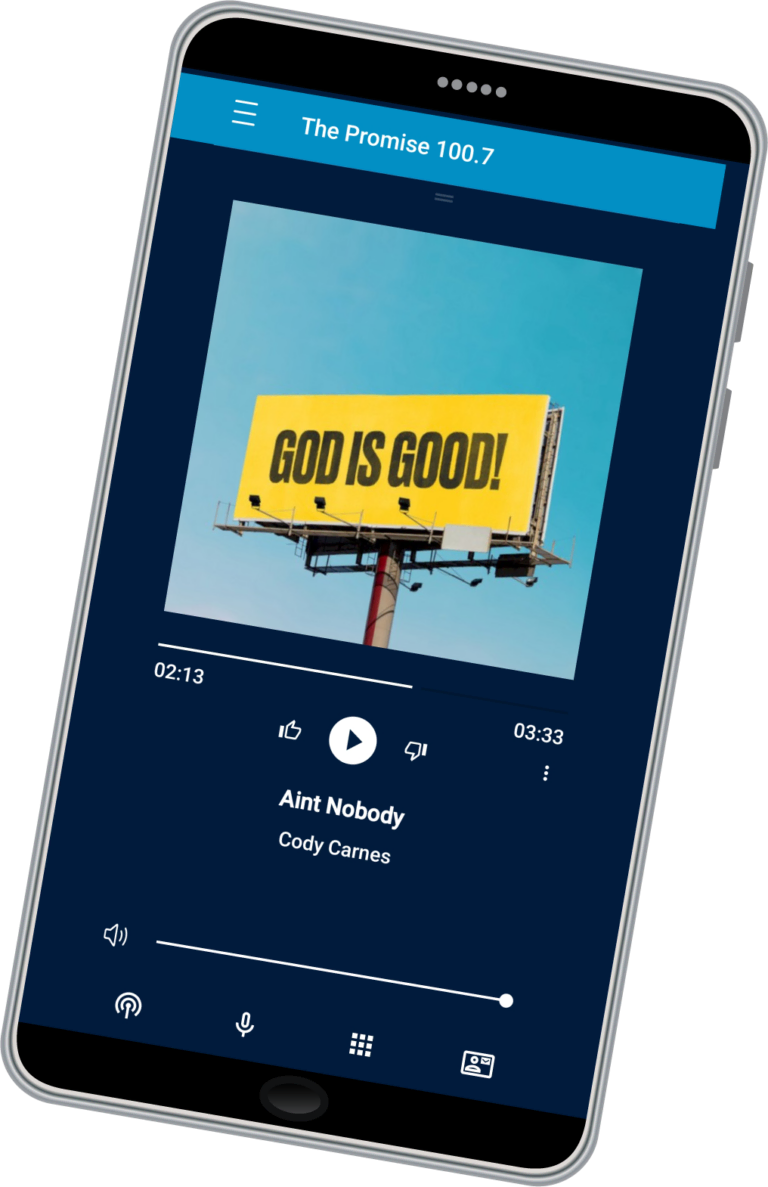 graphic of cell phone with station app full screen showing currently playing data